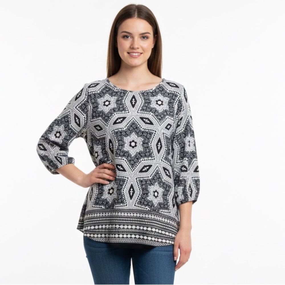 Cato NWOT Boho Black and White Patterned Blouse Long Sleeve